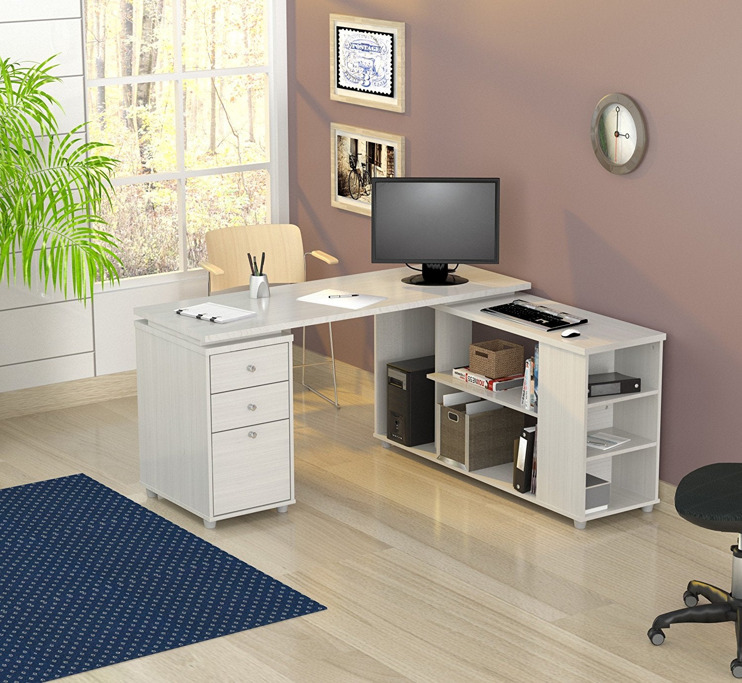 White Finish 3 Drawer L Shape Computer Desk with Storage