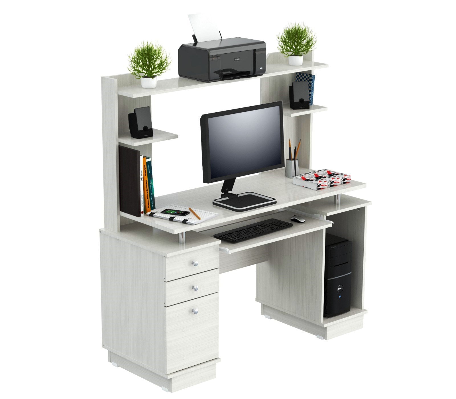 White Finish Wood Computer Desk with Hutch