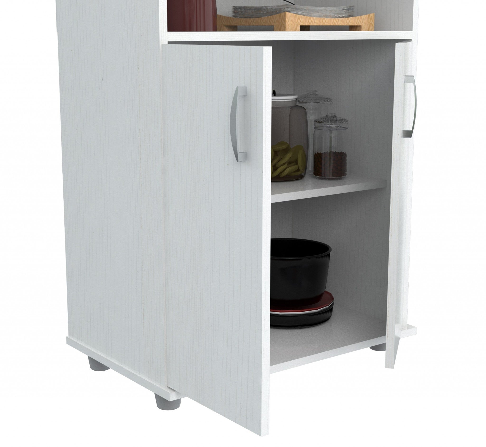 White Finish Wood Microwave Cart with Cabinet