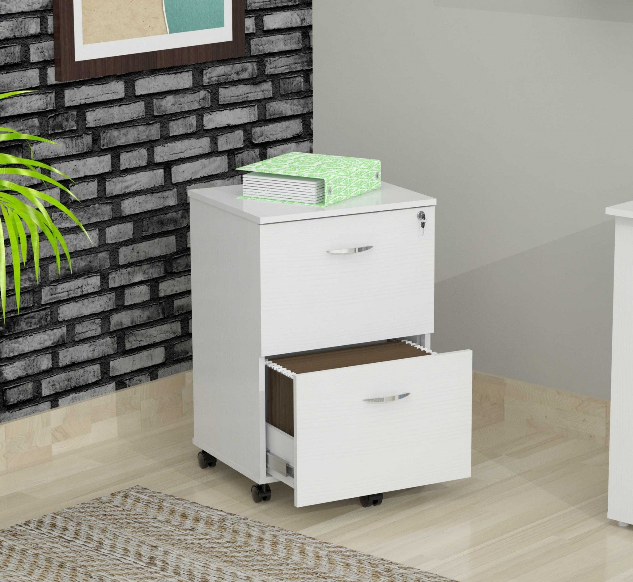 White Finish Wood Two Drawer Filing Cabinet