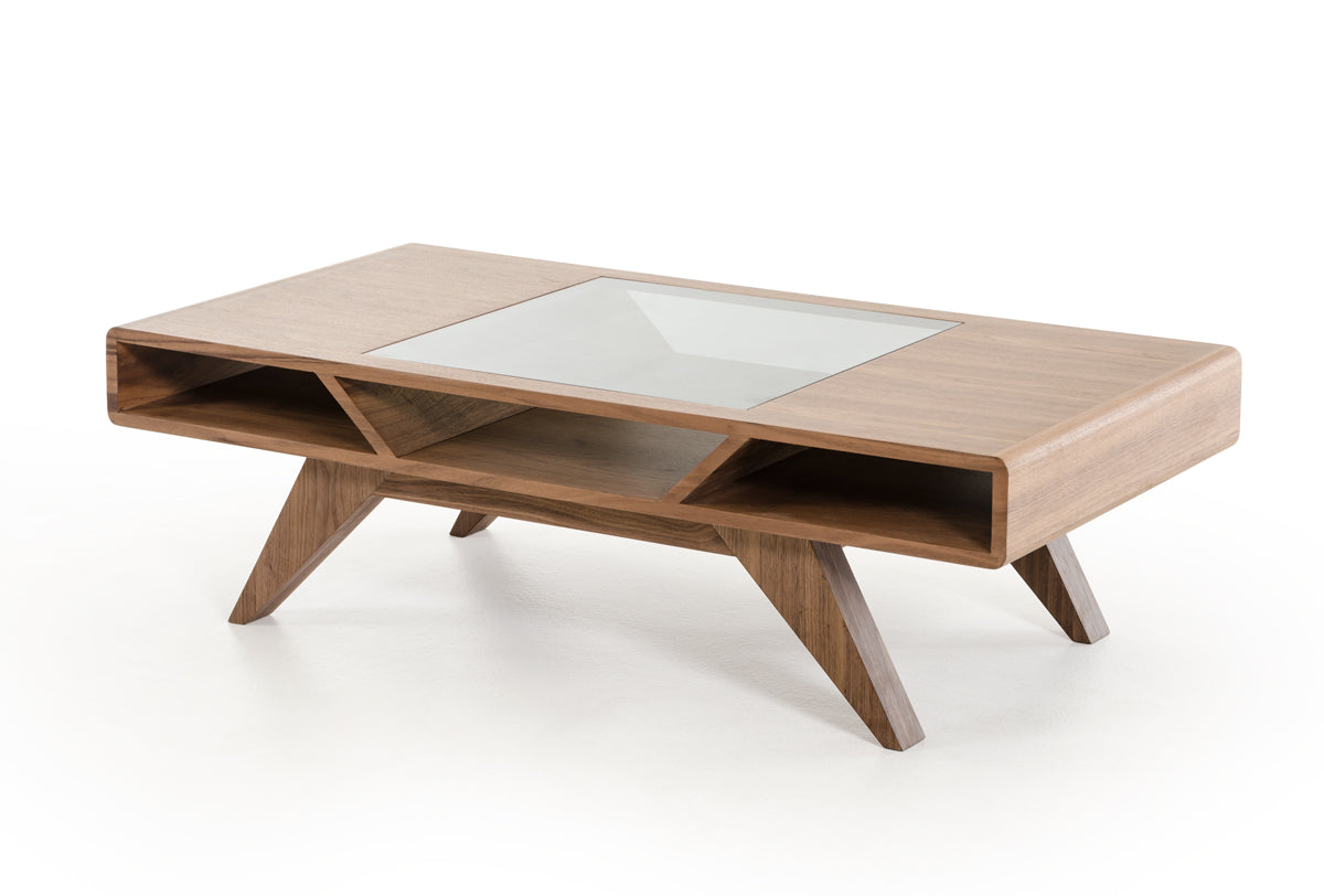 15' Walnut Wood  Veneer  and Glass Coffee Table