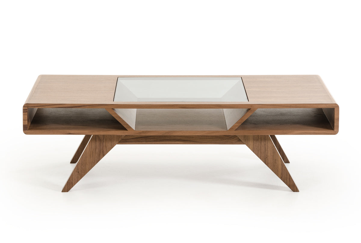 15' Walnut Wood  Veneer  and Glass Coffee Table