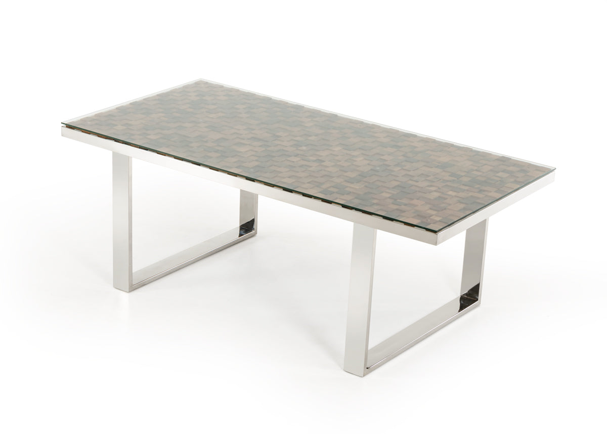 30' Wood Mosaic  Steel  and Glass Dining Table