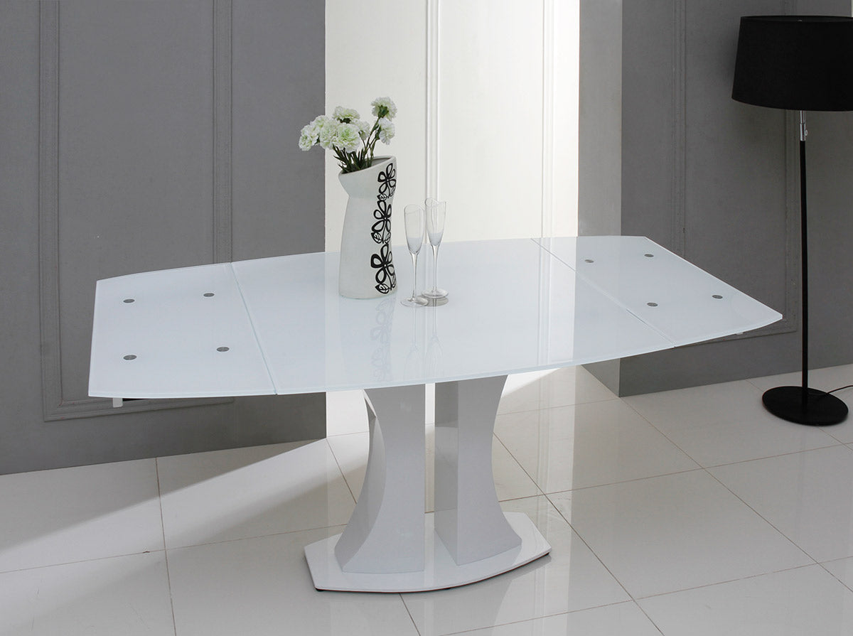 30' White Glass  MDF  and Steel Extendable Dining Table