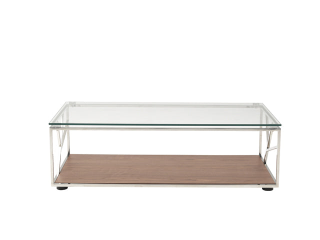 15' Walnut Veneer  Glass  and Steel Coffee Table