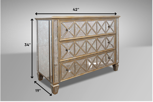 34' Mirrored Glass and MDF Dresser with 3 Drawers