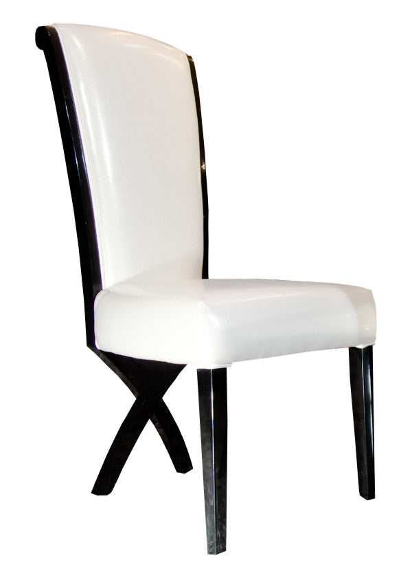 Two 43.5' White Leatherette and Black Wood Dining Chairs with X Shaped Rear Legs