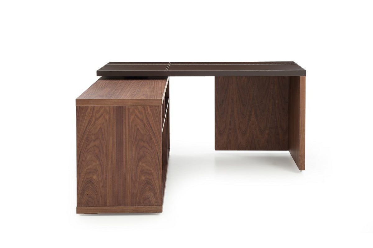 29' Walnut and Brown Veneer L Shaped Desk with a Leather Top