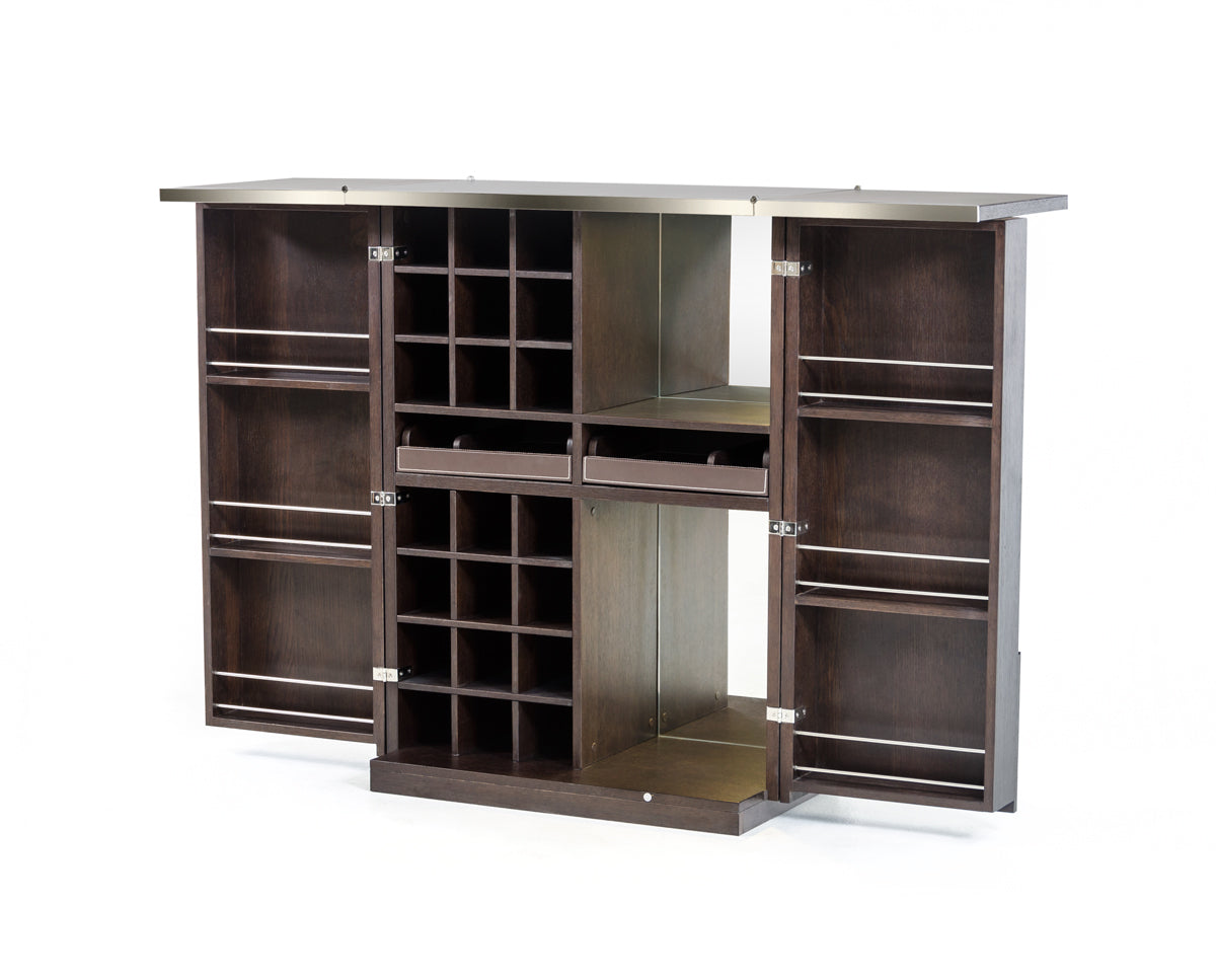 47' Brown Oak Veneer and Leatherette Wine Cabinet