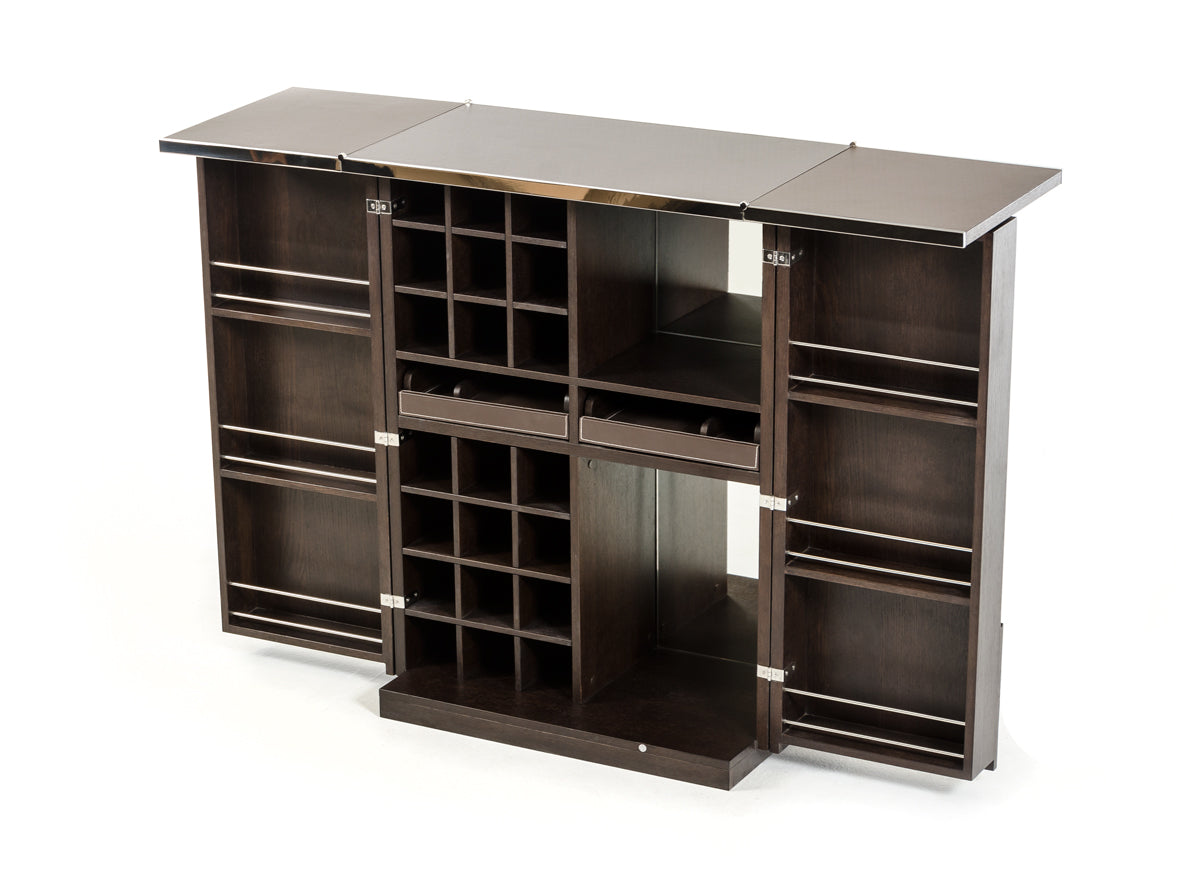 47' Brown Oak Veneer and Leatherette Wine Cabinet