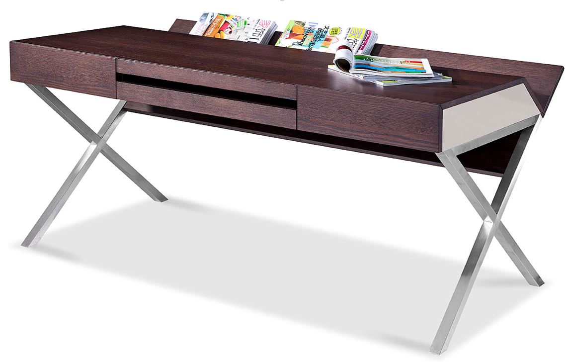 30' Brown Oak and Grey Veneer and Stainless Steel Office Desk