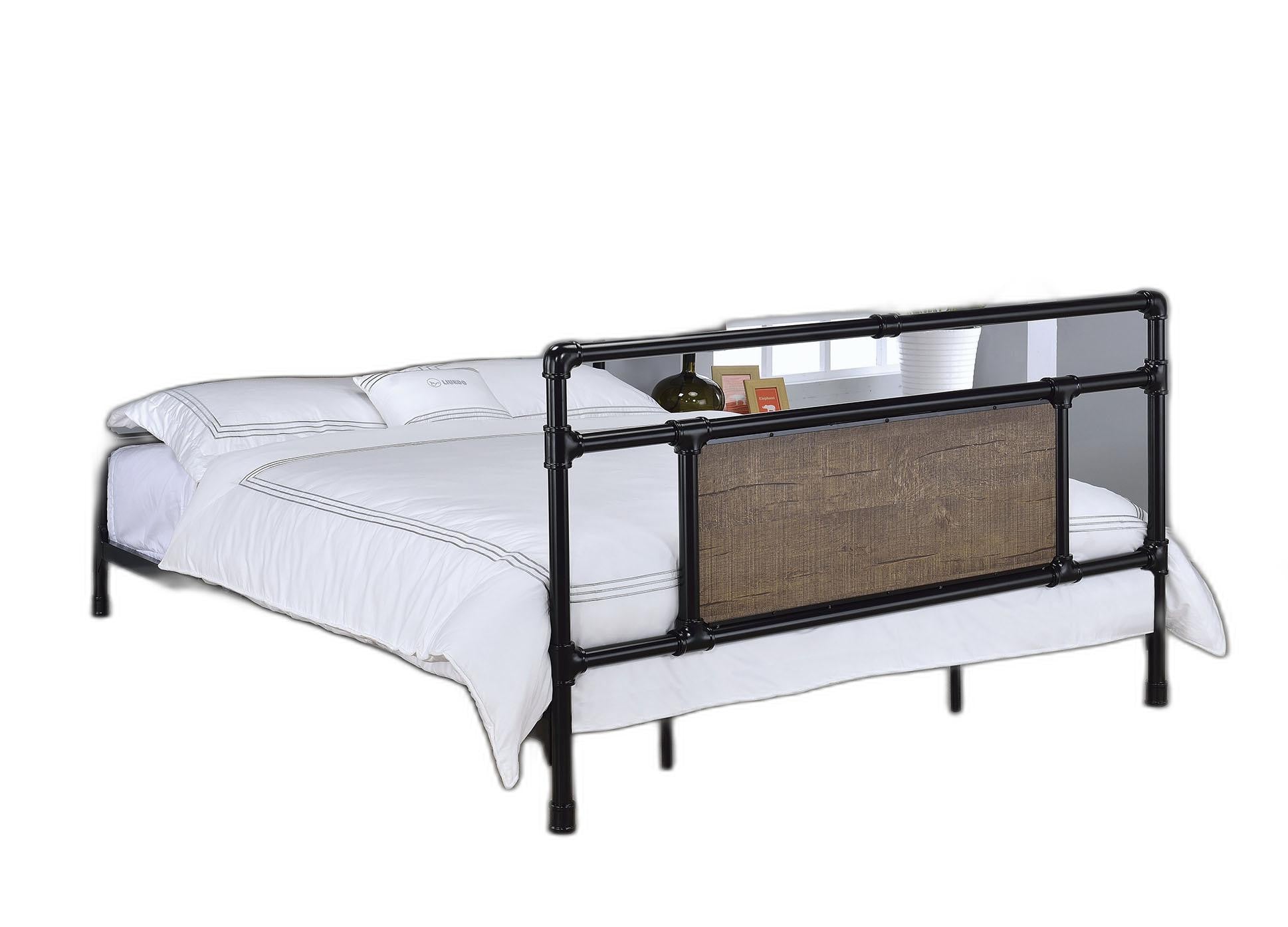 Queen Bed, Black & Oak - Metal, Wood Panel, Melami Black