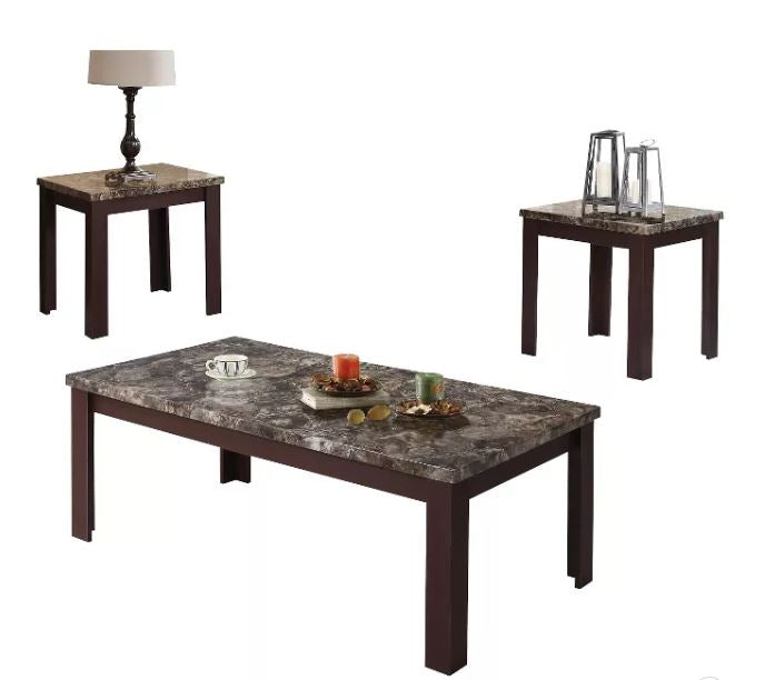 48' X 24' X 18' 3Pc Faux Marble And Cherry Coffee And End Table Set