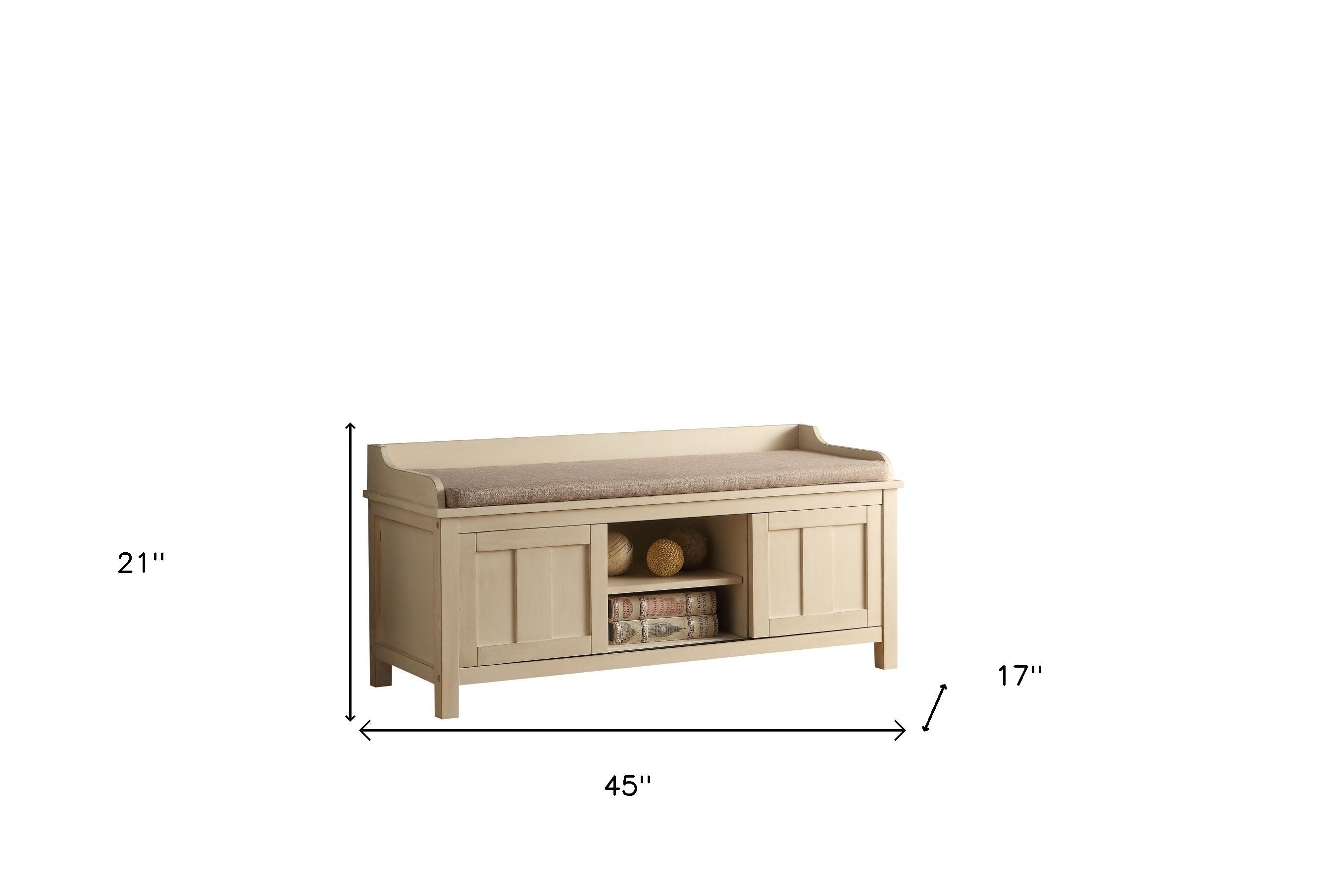 Rectangular Cream Fabric Bench with Covered Storage