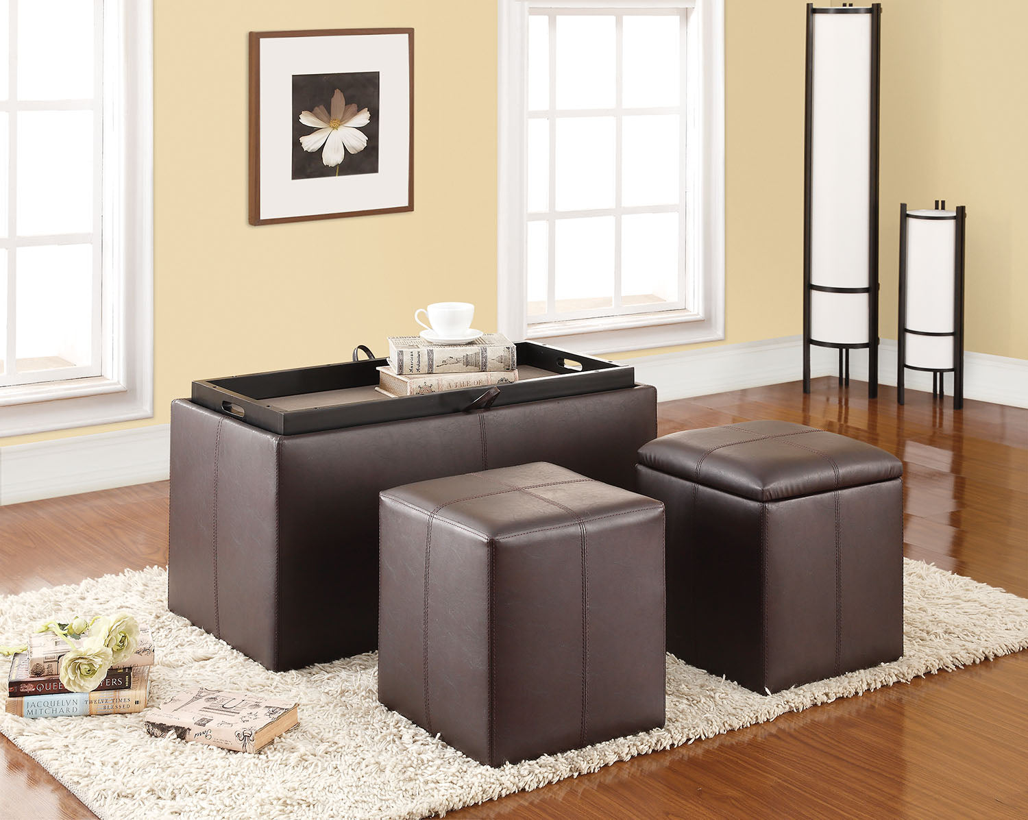 3Pc Pack Storage Bench  2 Ottomans Espresso PU - PU Espresso PU