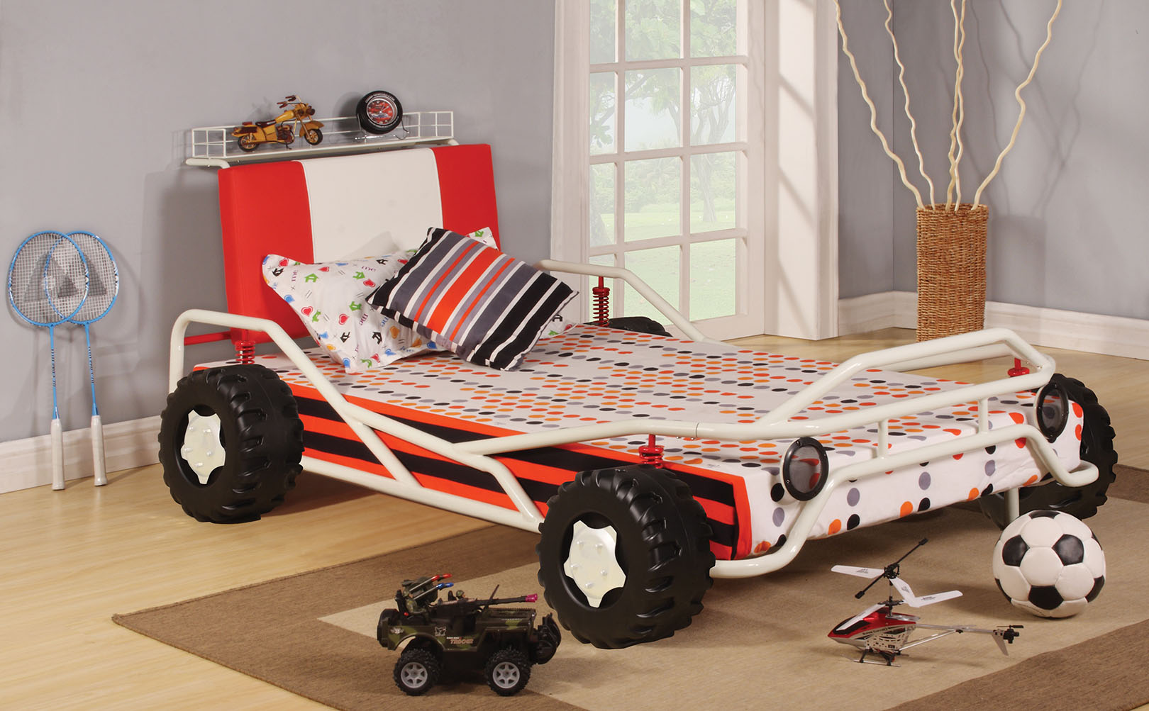 Twin Bed, White & Red Racing Car - Metal Tube, MDF, PU, 25Kg White & Red Racing Car