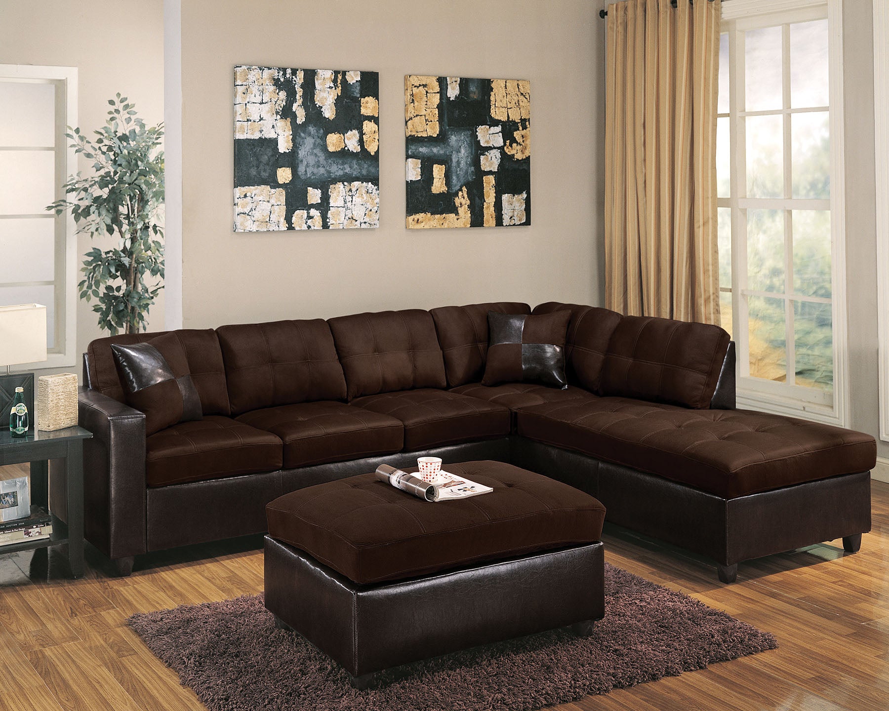 Sectional Sofa With 2 Pillows (Reversible) Chocolate Easy Rider  Espresso Pu - Wood  Plywood Frame Er Chocolate Er  Espresso Pu