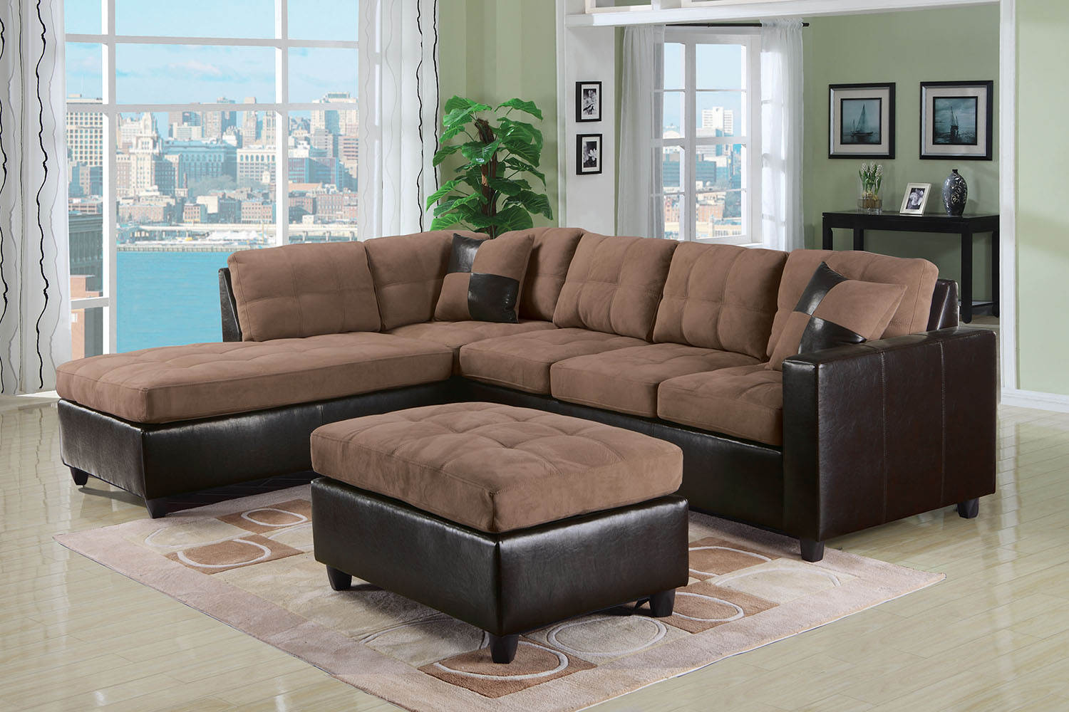 Sectional Sofa with 2 Pillows (Reversible), Saddle Easy Rider & Espresso PU - Wood & Plywood Frame, ER, Saddle ER & Espresso PU