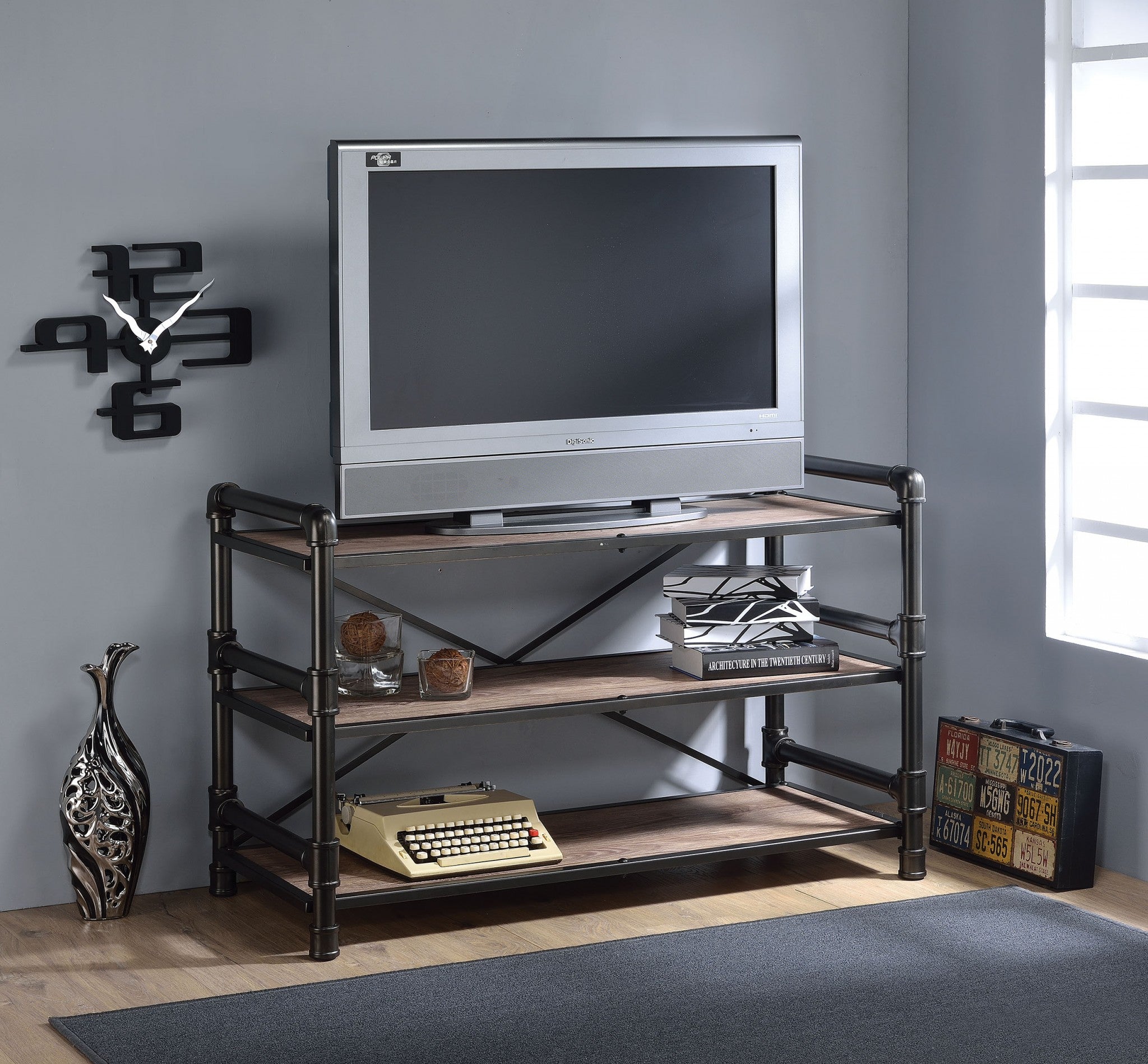 TV Stand, Rustic Oak & Black - Particle Board, Melamine  Rustic Oak & Black