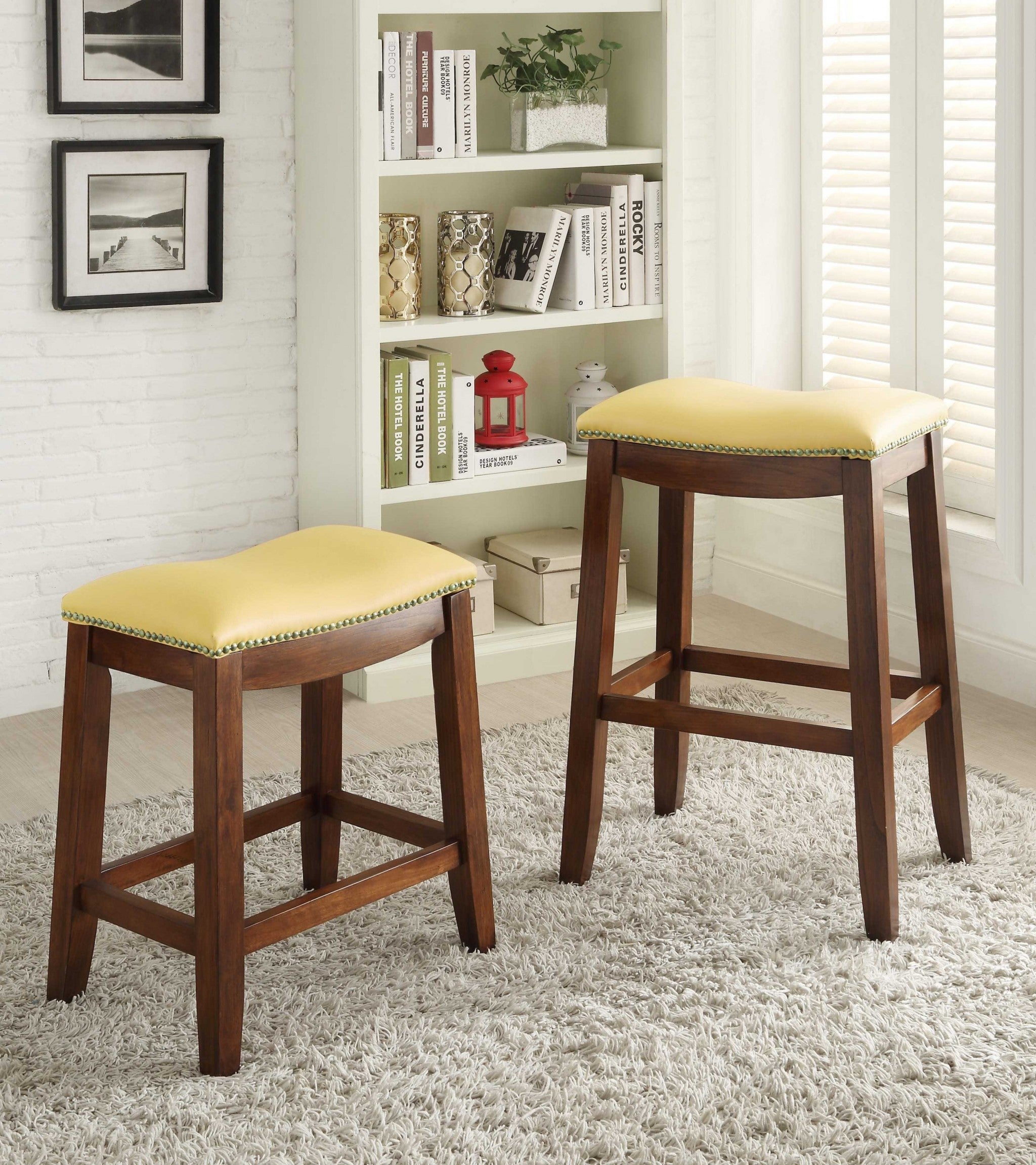 Bar Stool (Set-2), Yellow PU & Oak - PU, Hardwood Yellow PU & Oak