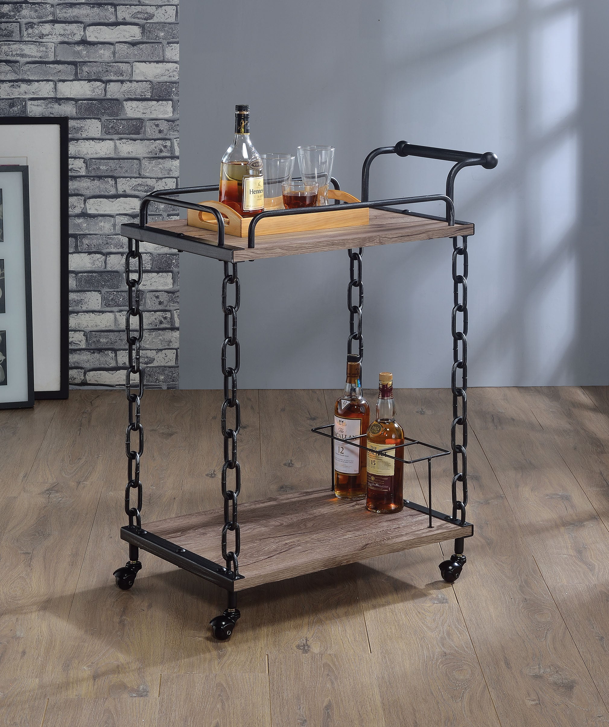 29' X 16' X 36' Rustic Oak And Antique Black Serving Cart