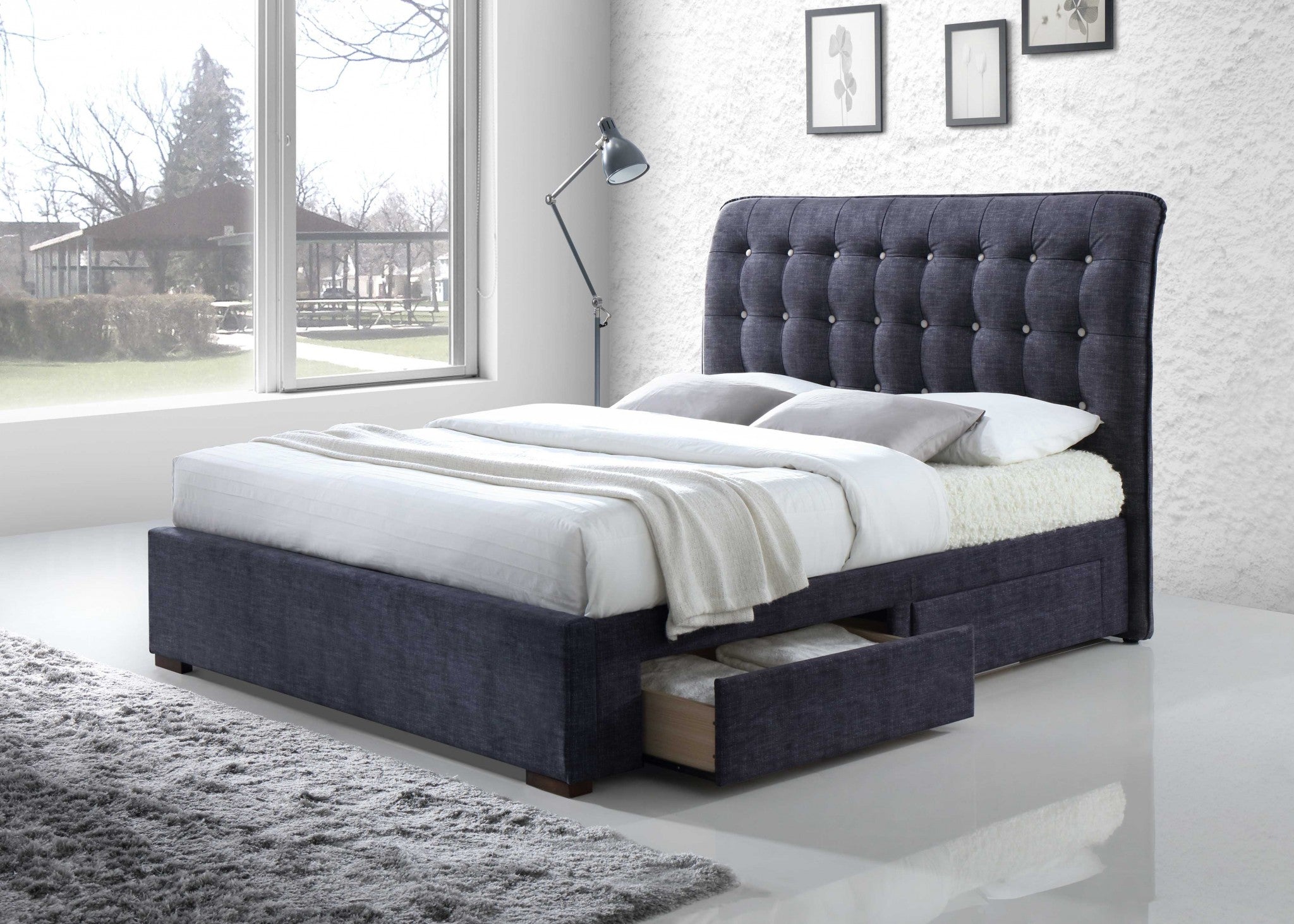 87' X 67' X 47' Dark Gray Fabric Queen Bed With Storage