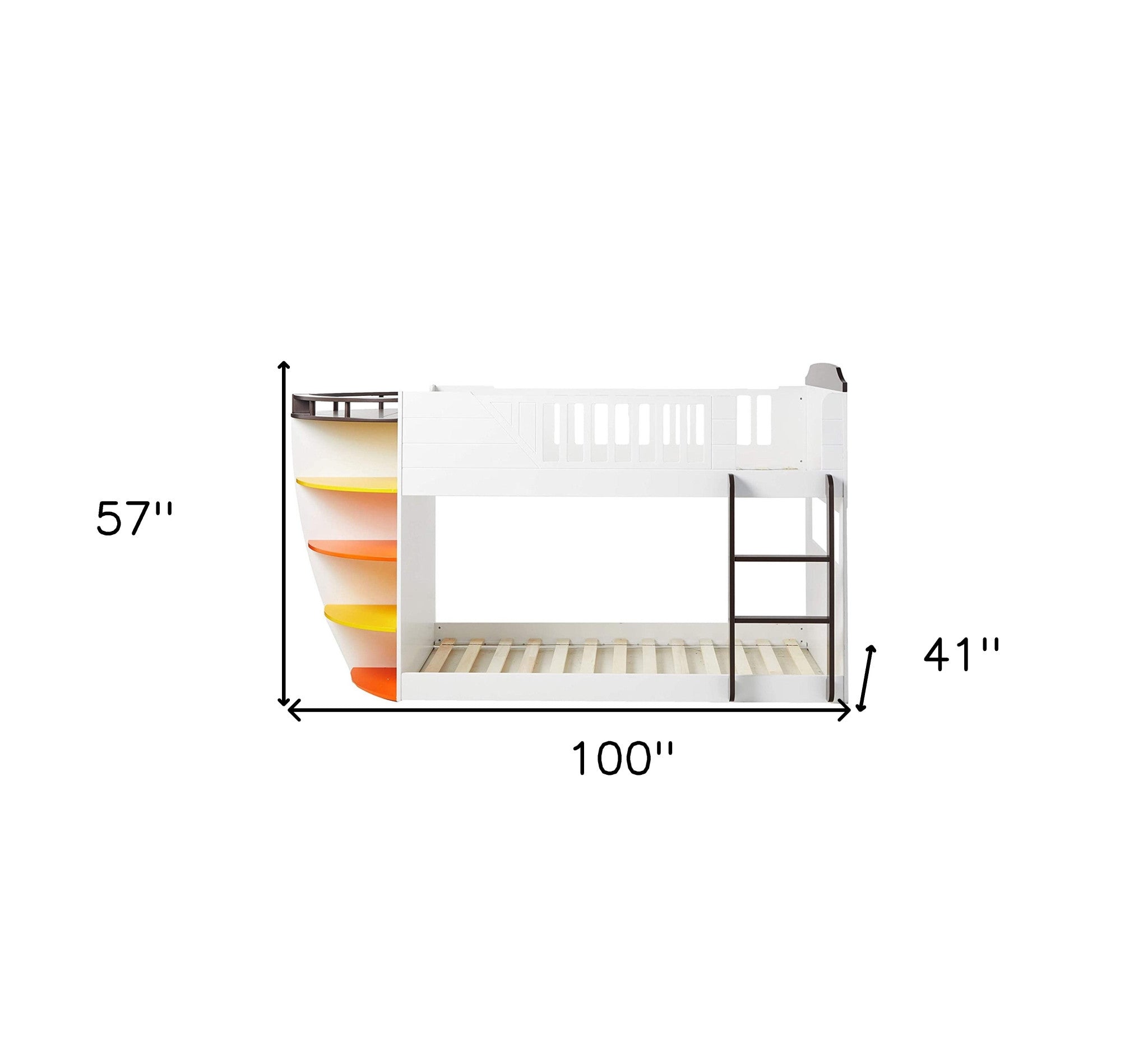 100' X 41' X 57' White And Chocolate Twin Over Twin Bunk Bed With Storage Shelf