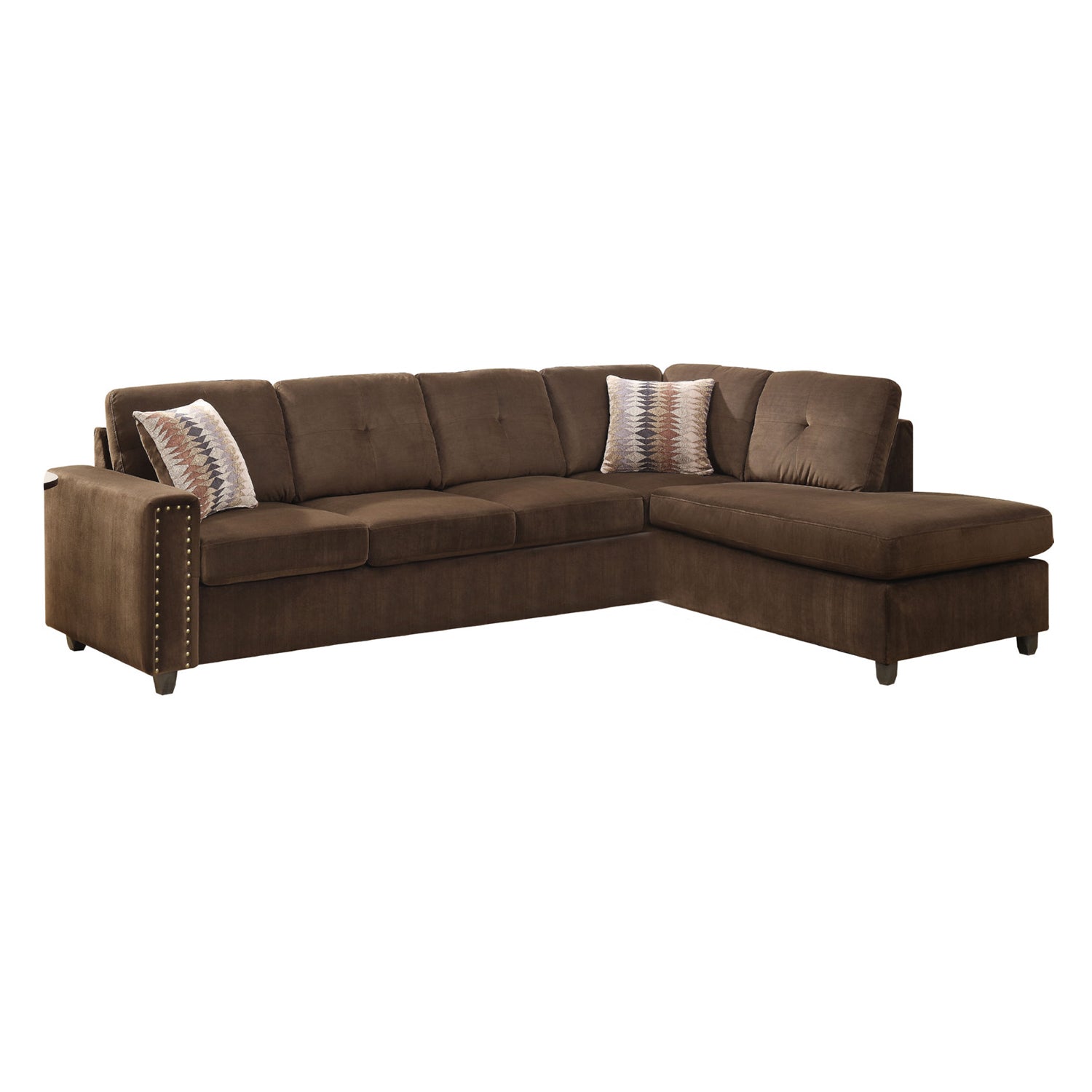 79' X 33' X 36' Chocolate Velvet Reversible Sectional Sofa With Pillows