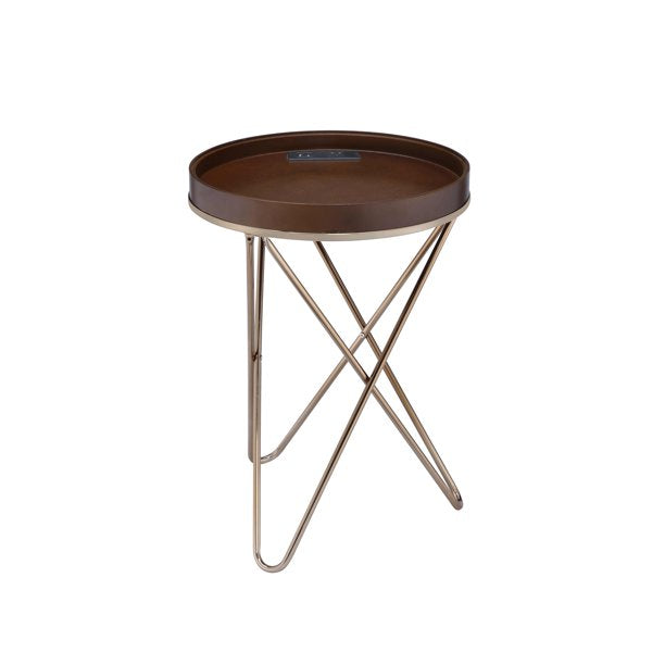 Pearlescent Gold and Dark Brown USB Side Table with Sectioned Top