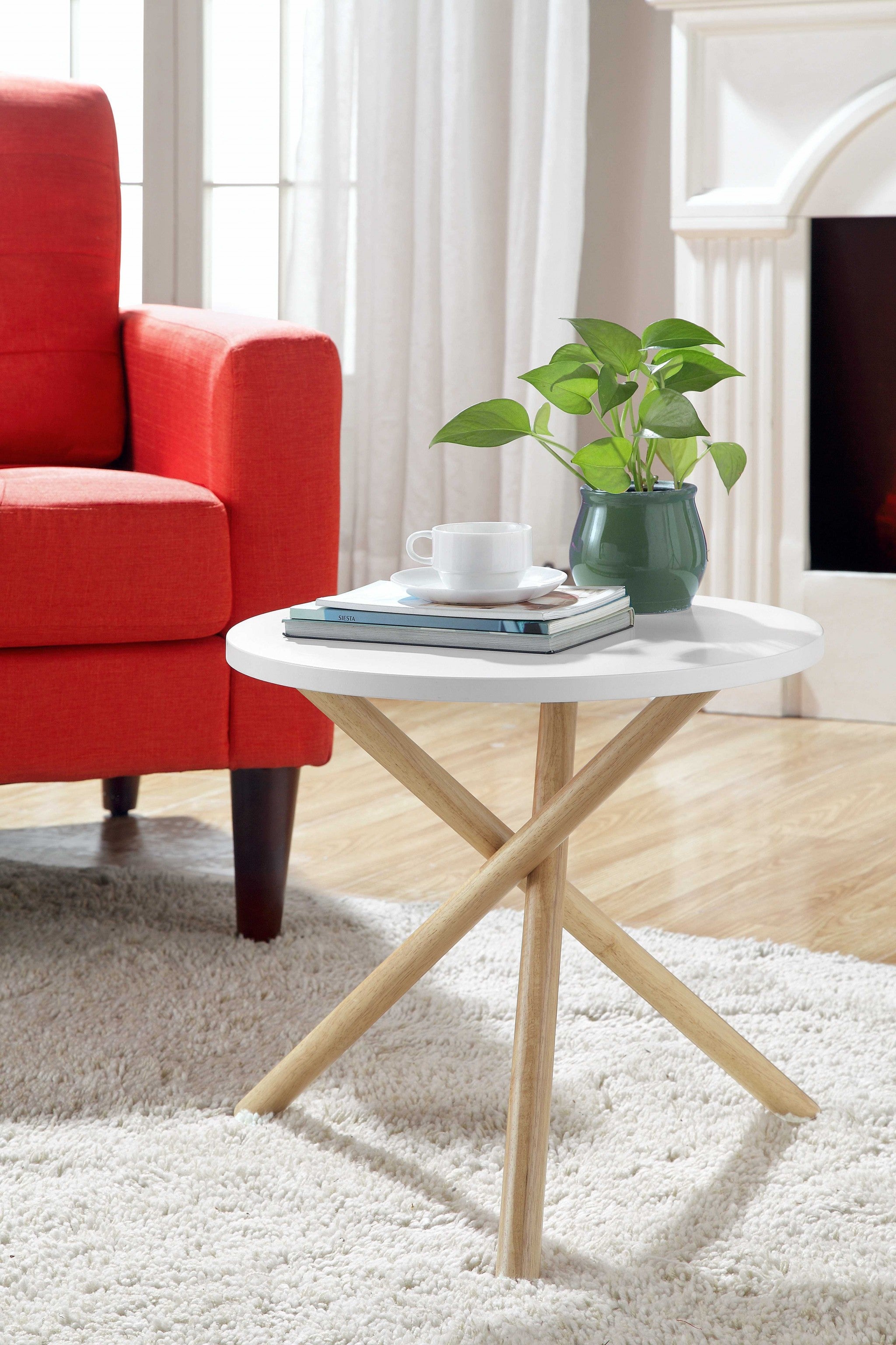 Mod Round White and Light Wood Side Table