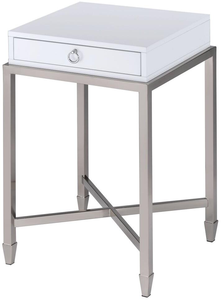 White and Chrome End Table with Ring Pull Drawer