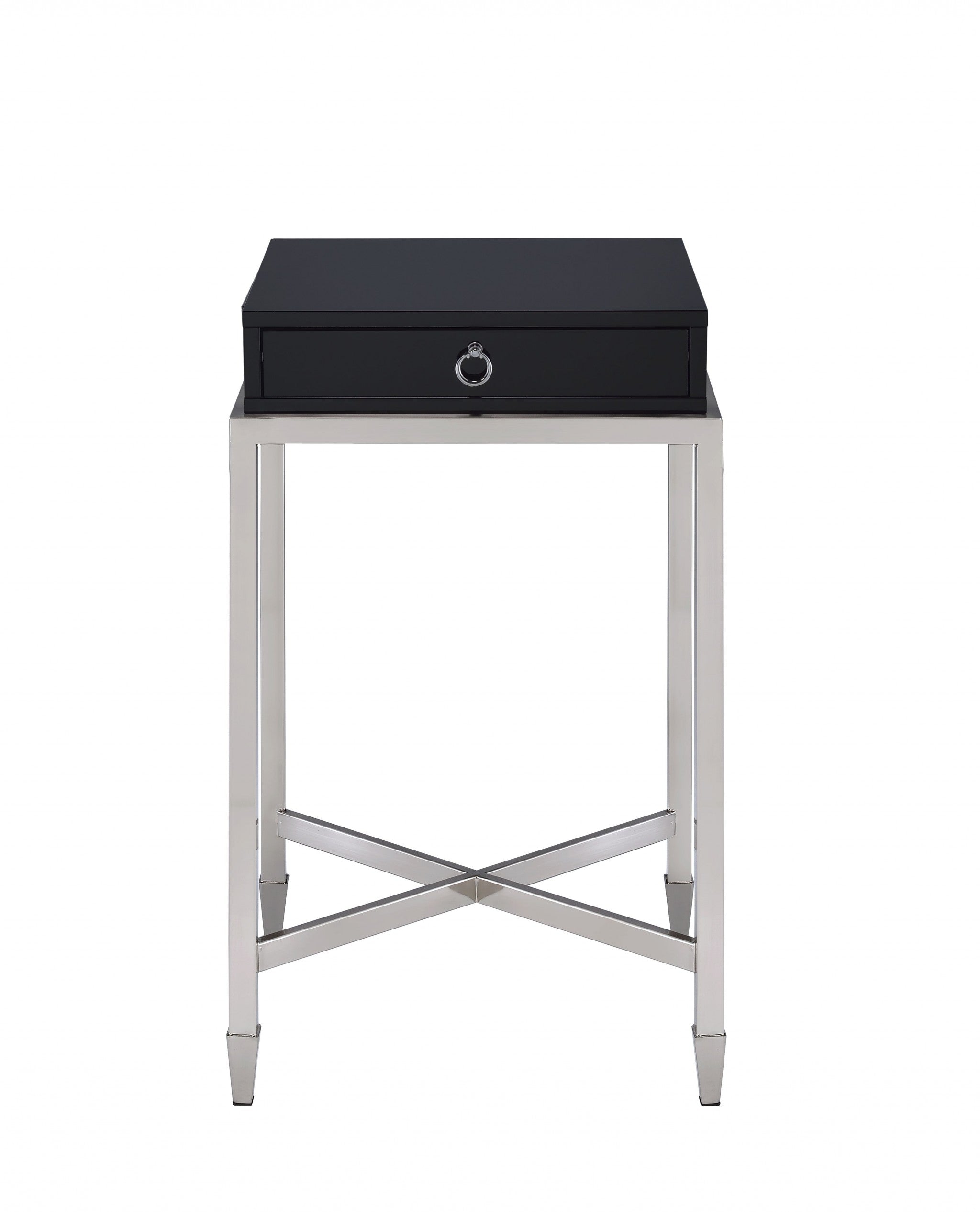 Black and Chrome End Table with Ring Pull Drawer