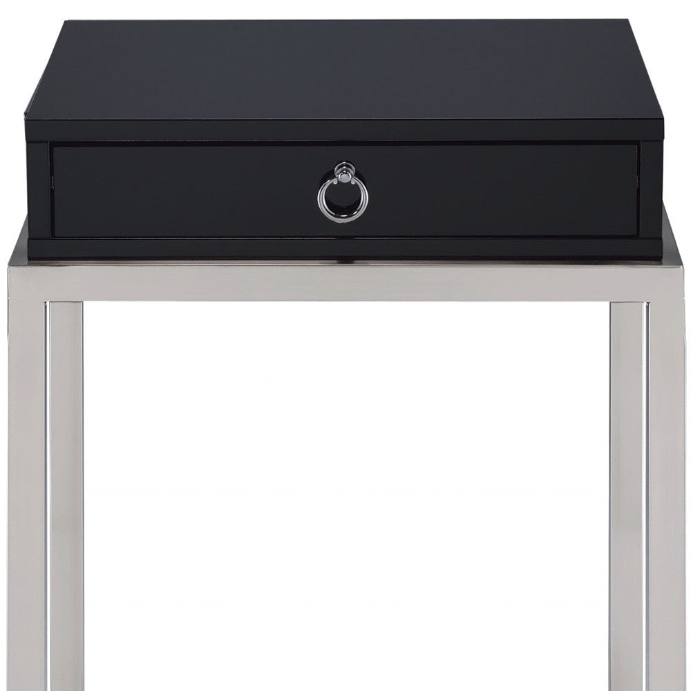 Black and Chrome End Table with Ring Pull Drawer