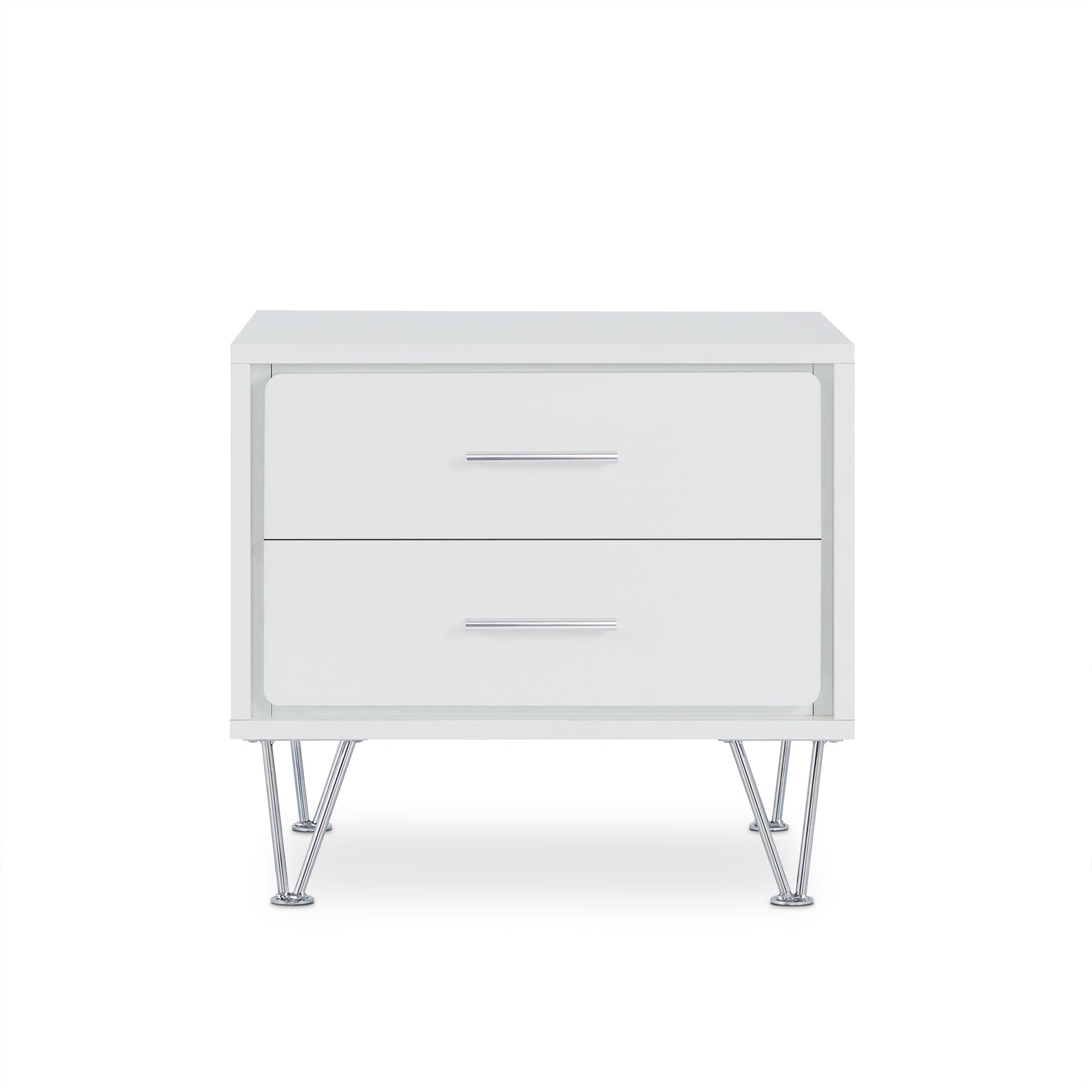 2 White Wooden Drawer Chrome Nightstand