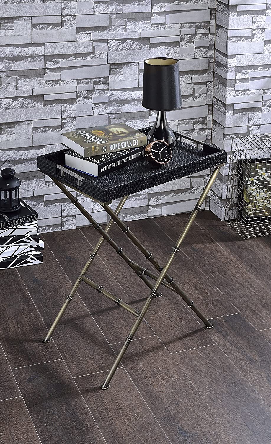 Black Woven Tray Table with Vintage Gold