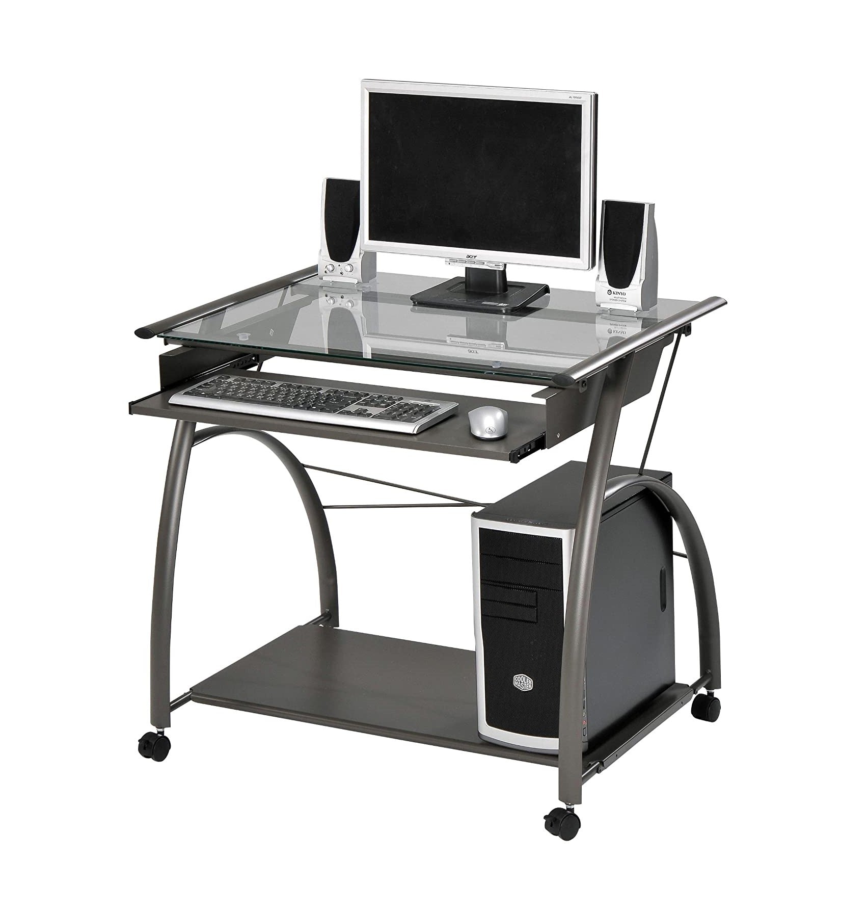 Sleek Pewter and Glass Computer Desk.