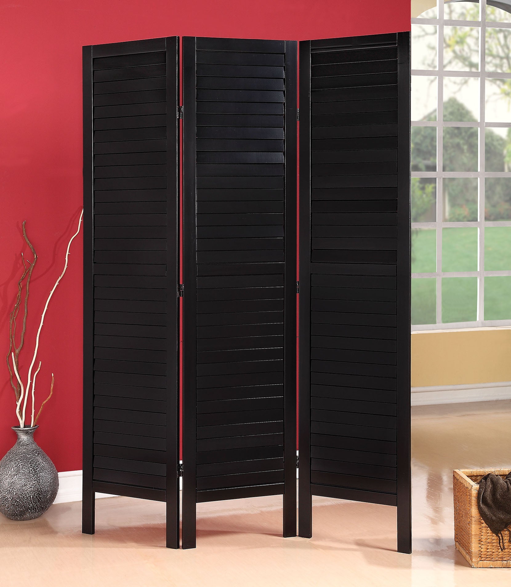 3-Panel Wooden Screen, Black - Pine Black