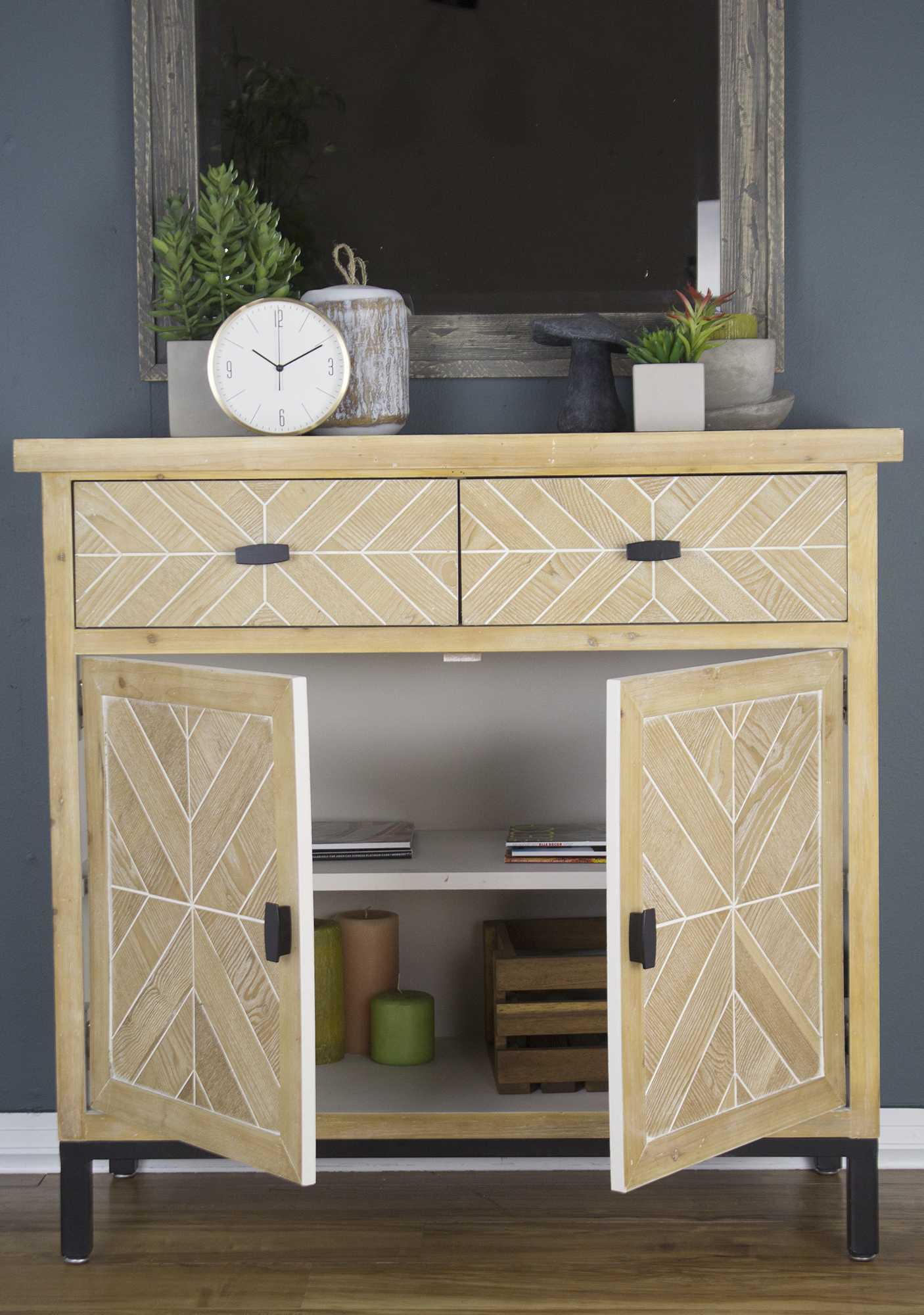 White Washed Parquet Wood  Sideboard with  Wood Drawers and  Wood Doors