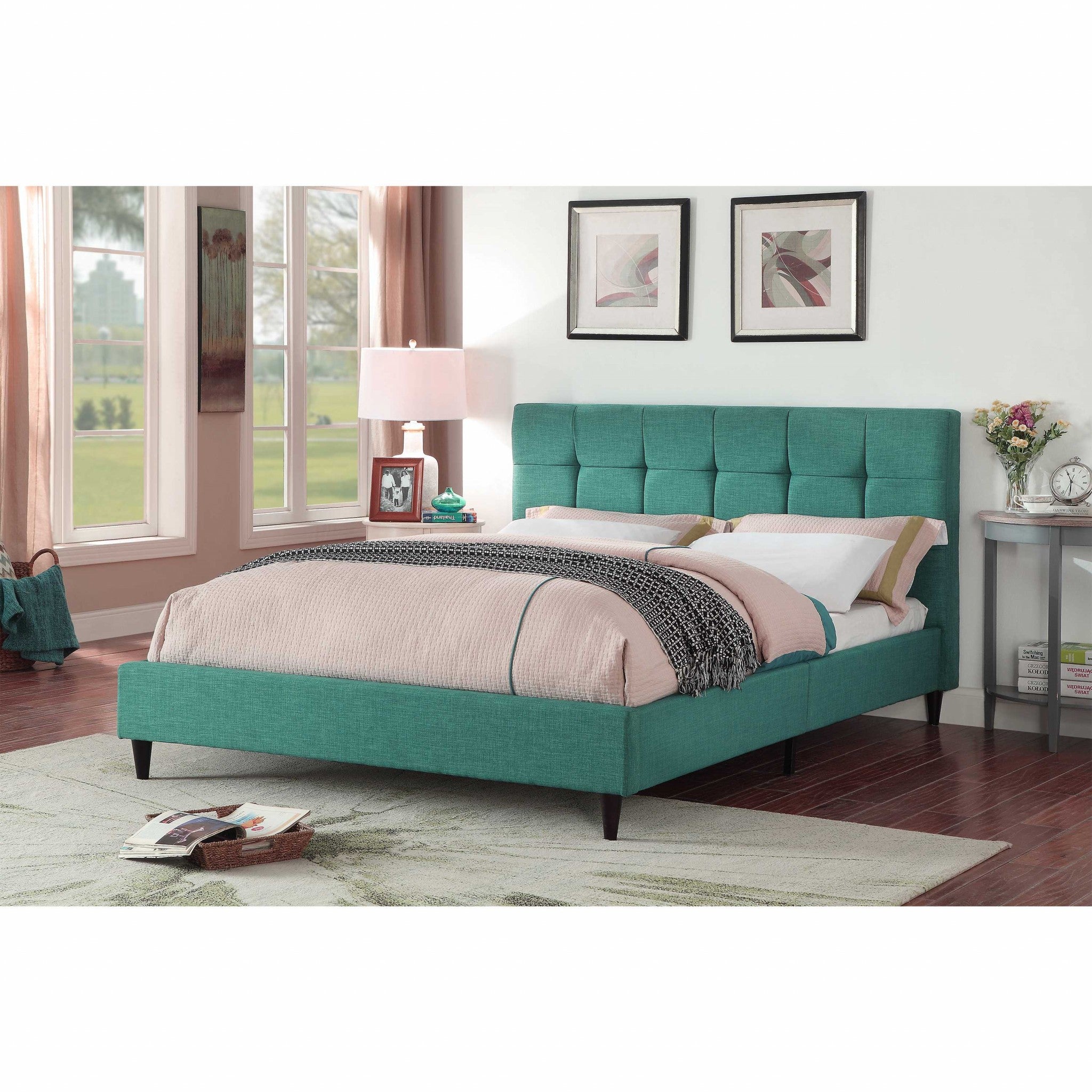 Eastern King Blue Modern Upholstered Square Stitched Platform Bed