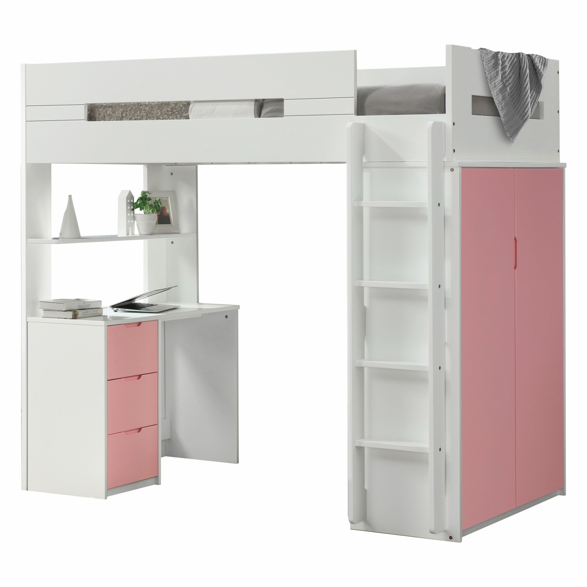 White and Pink Twin Loft Bed and Desk