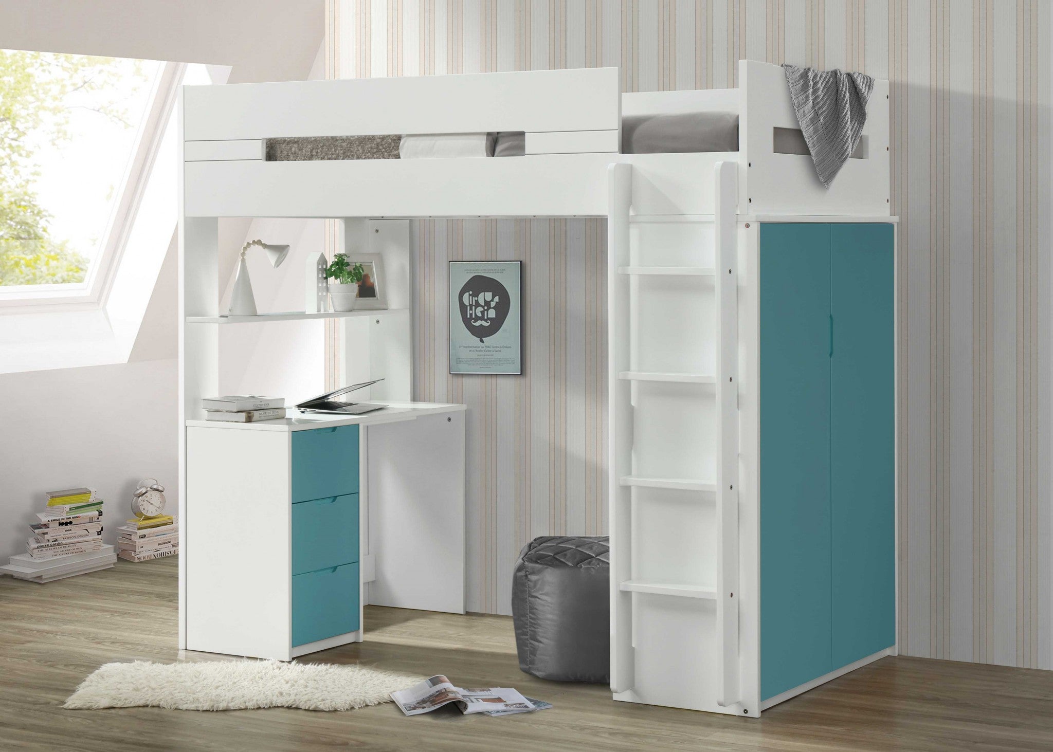 White and Teal Twin Loft Bed and Desk