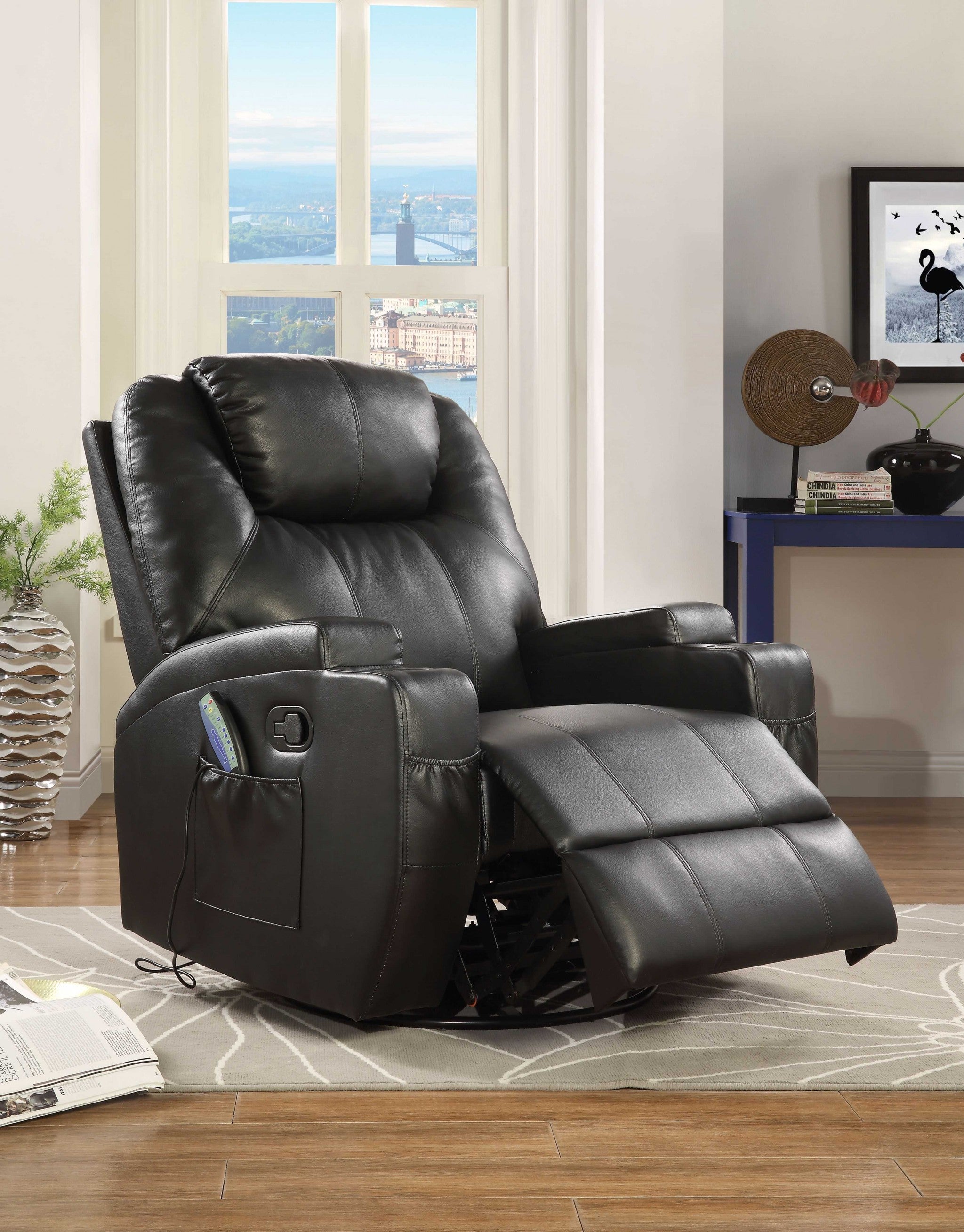 34' X 37' X 41' Black Bonded Leather Match Swivel Rocker Recliner With Massage