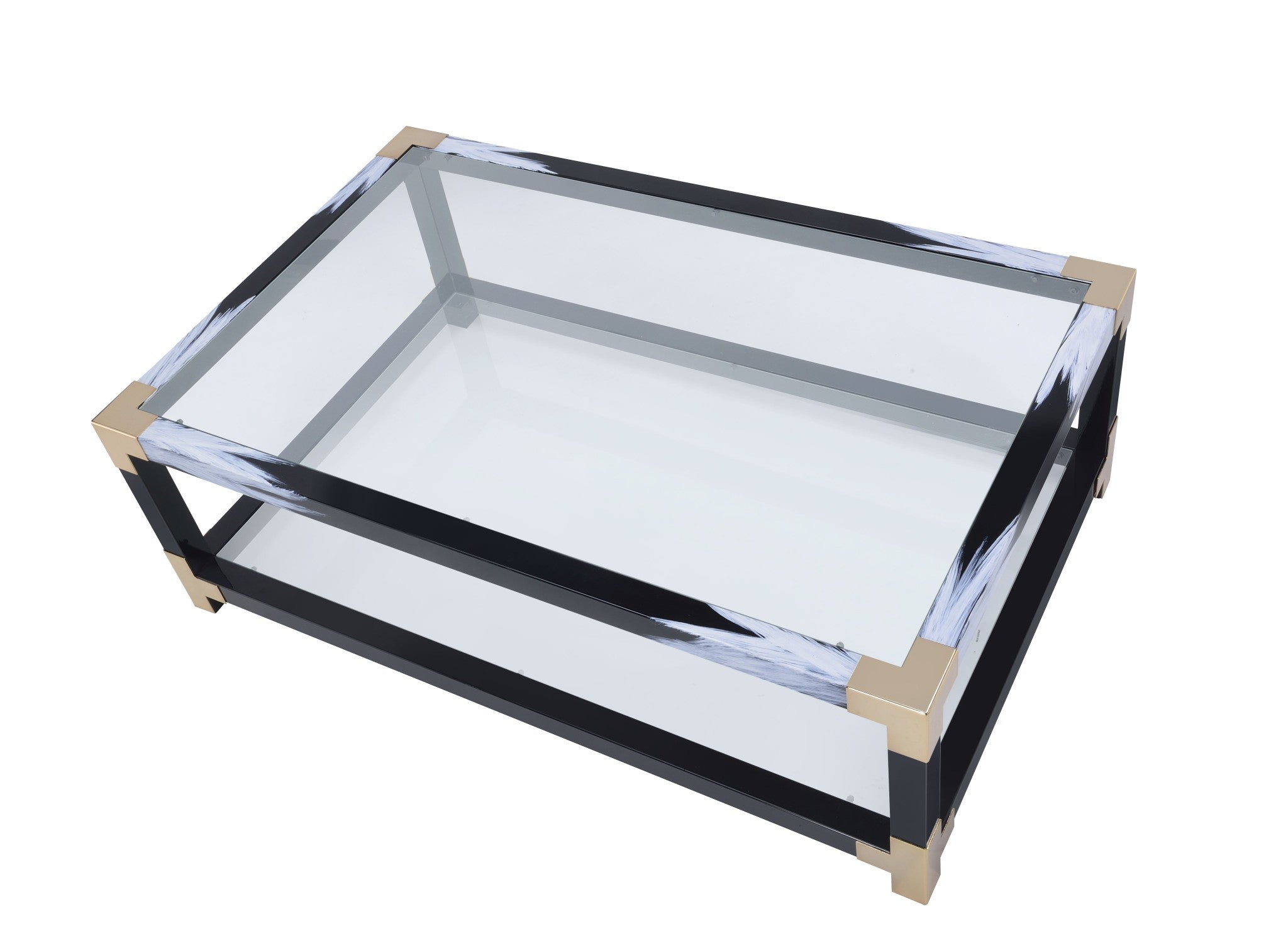 54' X 18' X 34' White Brushed Black Gold And Clear Glass Coffee Table