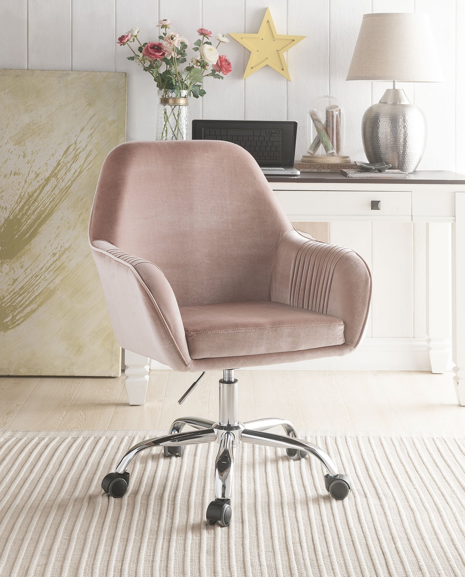 Stylish Mauve Rose Velvet Office Desk Chair on Wheels