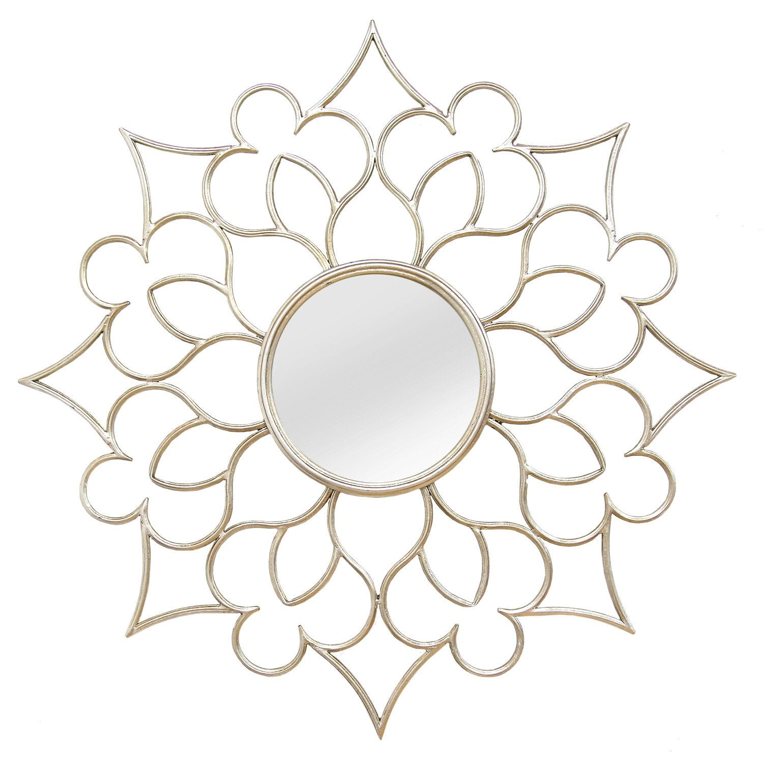 7 Round Silver Quatrefoil Metal Framed Wall Mirror