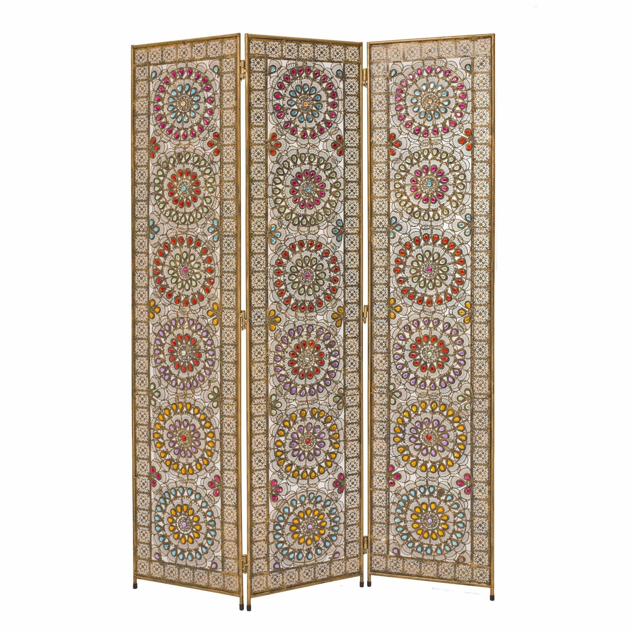 Exotic Bronze Beaded Jewel Three Panel Room Divider Screen