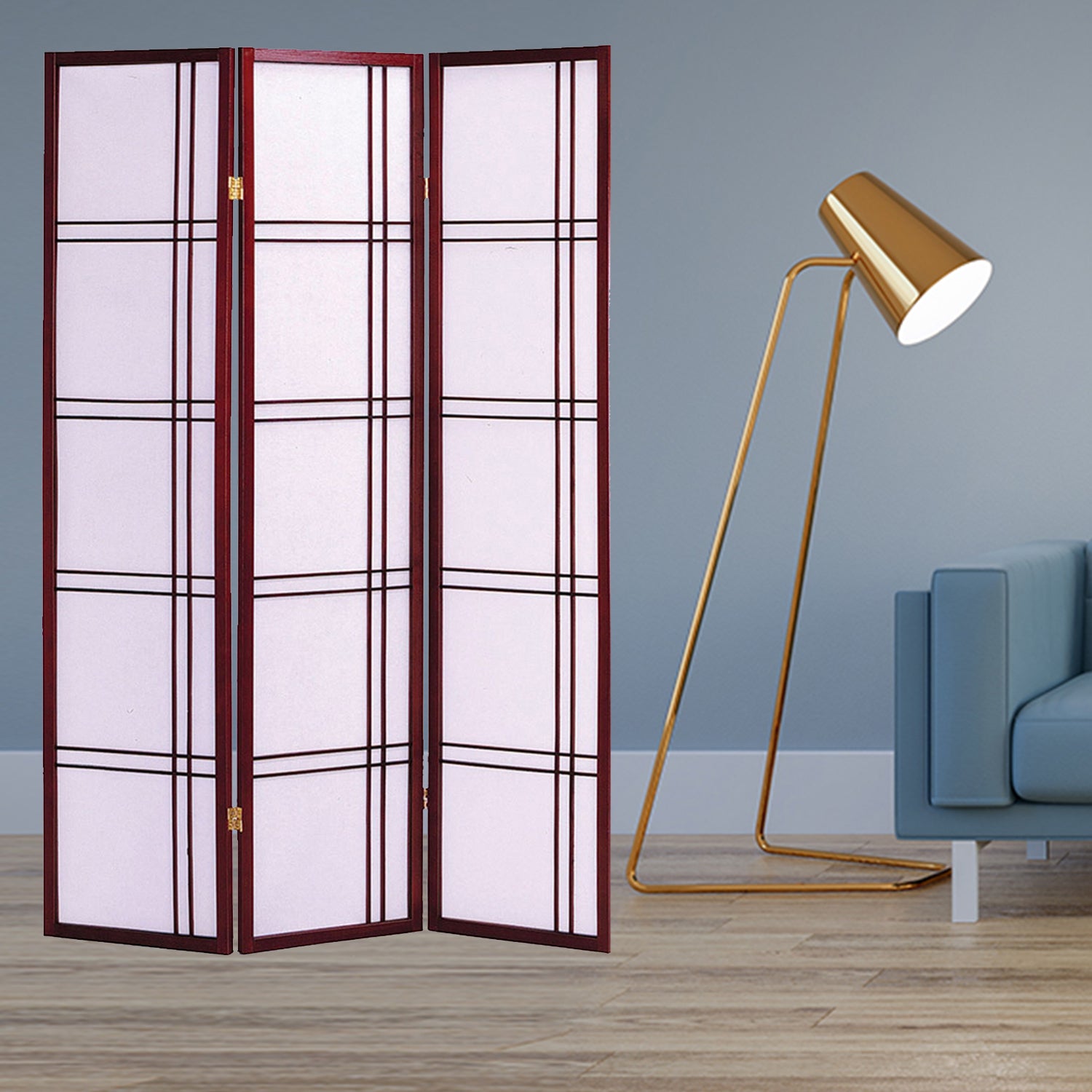 51 x 1 x 70 Traditional Cherry Brown Shoji And Wood  3 Panel Screen