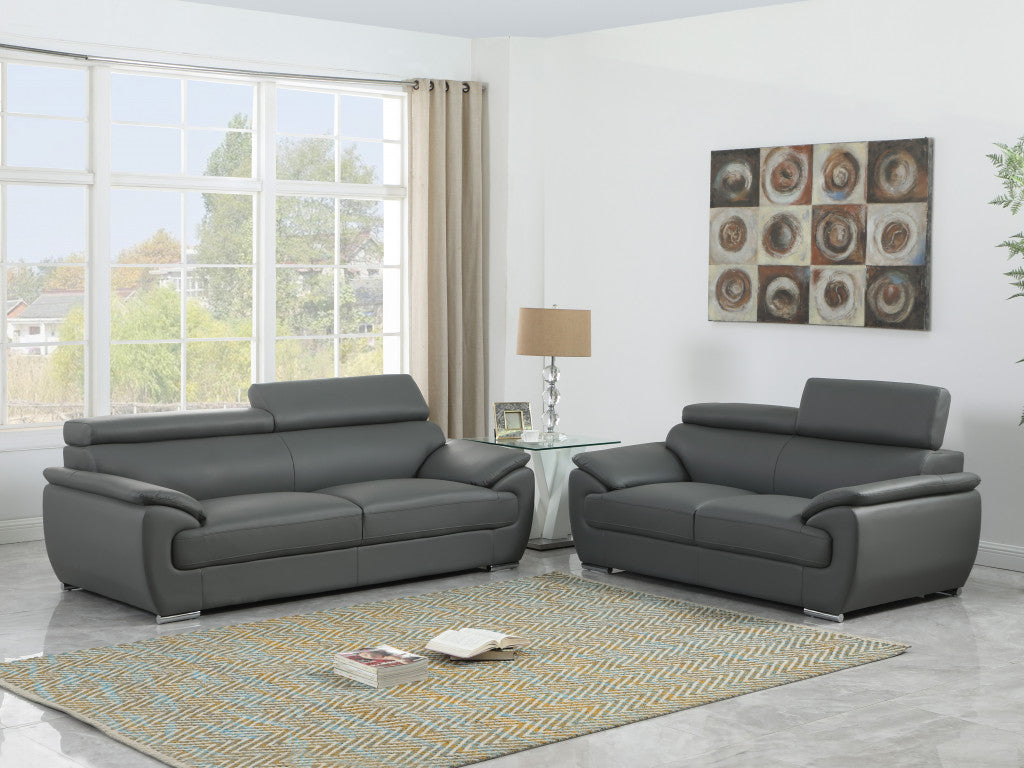 69 X 38  X 32to 39 Modern Gray Leather Sofa And Loveseat