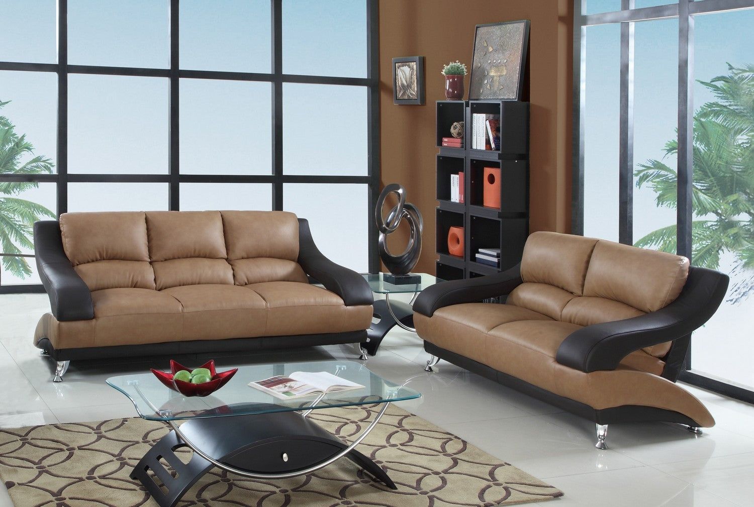 62 X 37  X 43 Modern Two Tone Leather Sofa And Loveseat