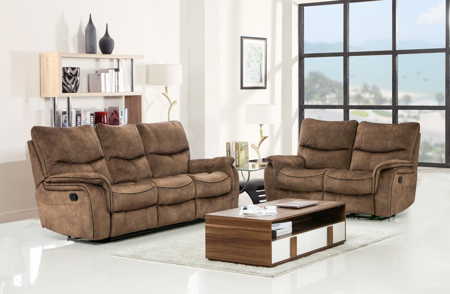 63'' X 40''  X 40'' Modern Light Brown Leather Sofa And Loveseat